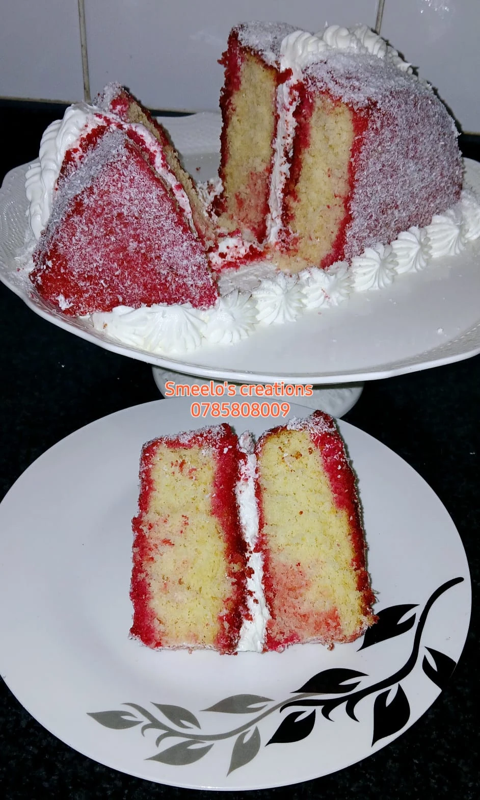 Coconut covered red and vanilla layer cake