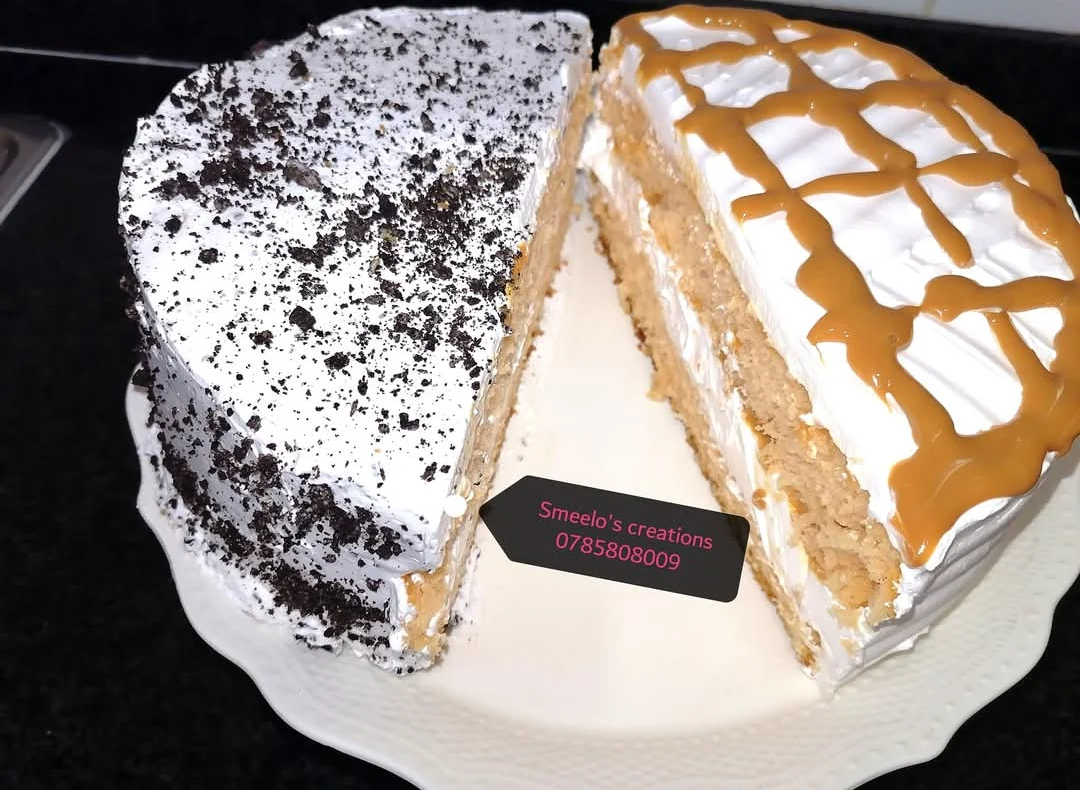 Half cookie crumb and half caramel cake slice
